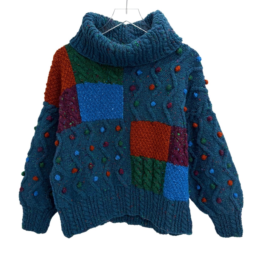Handknit Ireland Wool Anne Montgomery S/M Patchwork Bobble Cable Knit Sweater